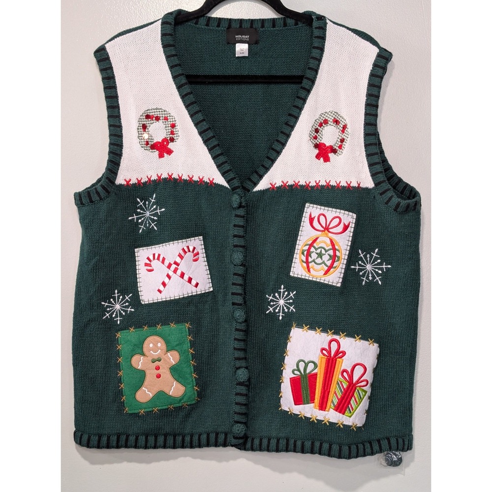 Holiday Editions women's XL Christmas sweater vest with embroidered patches new
